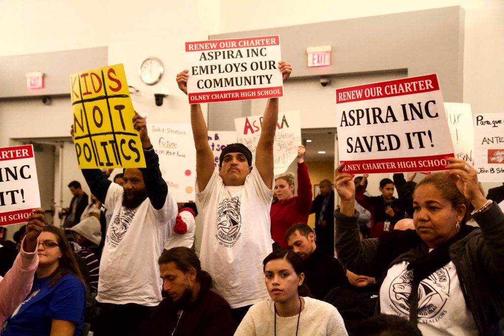 IMG_8434 Students and parents show support for ASPIRA Charter Schools at Olney and Stetson at the Philadelphia Board of Education meeting on October 17. (Kimberly Paynter/WHYY)