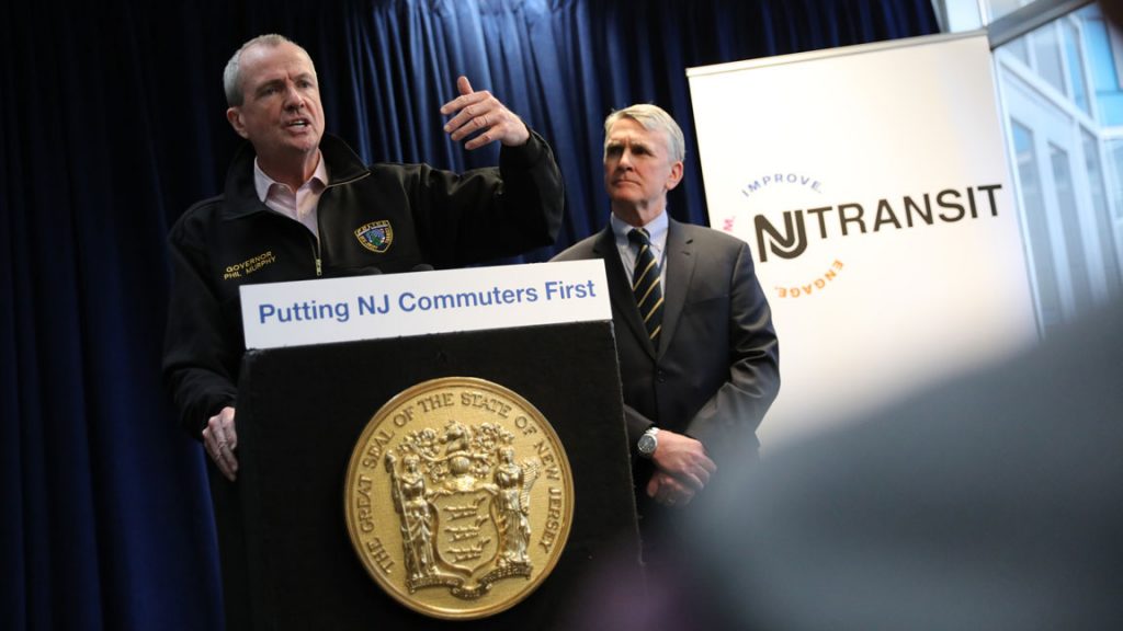 Phil-Murphy-and-Kevin-Corbett Gov. Phil Murphy speaks about investing in NJ Transit as Kevin Corbett, the agency’s executive director, looks on, March 19, 2019. (Edwin J. Torres/ Governor's Office)