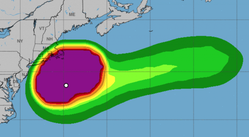 Screen Shot 2019-10-11 at 11.01.14 AM A National Hurricane Center image depicting the probability of tropical storm force winds associated with Subtropical Storm Melissa, which will not be a factor in New Jersey. The probabilities range from five to 10 percent (green) to 90 to 100% (purple). (National Hurricane Center/NOAA)