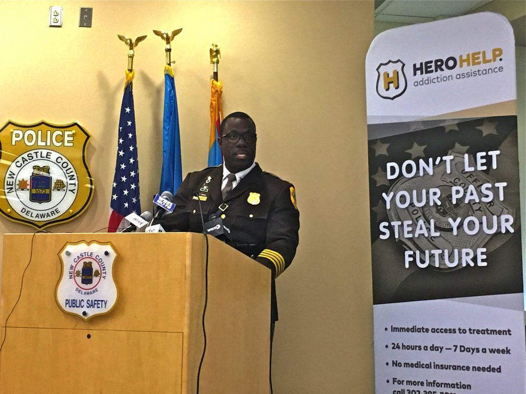 Vaughn Bond New Castle County Police Chief Vaughn Bond announces details of the new behavioral health unit at police headquarters in Minquadale, Delaware. (Mark Eichmann/WHYY)
