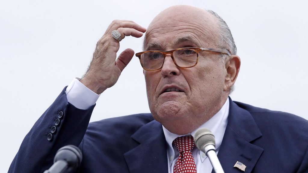 Rudy Giuliani, attorney for President Trump, addresses a campaign event in Portsmouth, N.H., in August 2018. Rudy Giuliani, attorney for President Trump, addresses a campaign event in Portsmouth, N.H., in August 2018.
(Charles Krupa/AP)