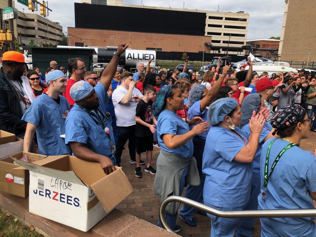 file2-1 Workers rally outside Temple University Hospital on Tuesday. (Nina Feldman/WHYY)