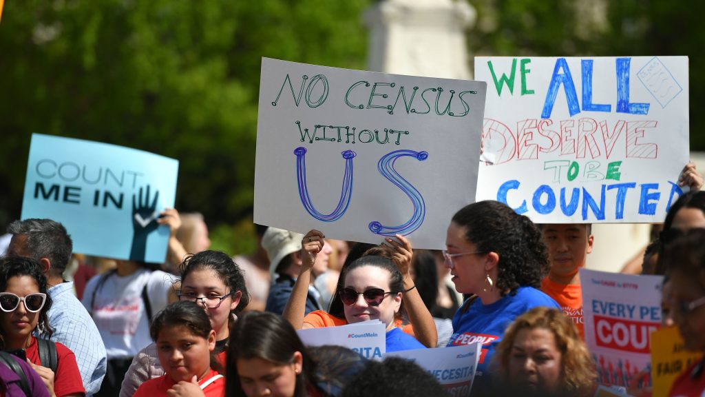 Demonstrators rally in Washington, D.C., in April to protest the Trump administration's efforts to add to 2020 census forms a citizenship question, which has since been blocked by the courts. (Mandel Ngan/AFP/Getty Images)