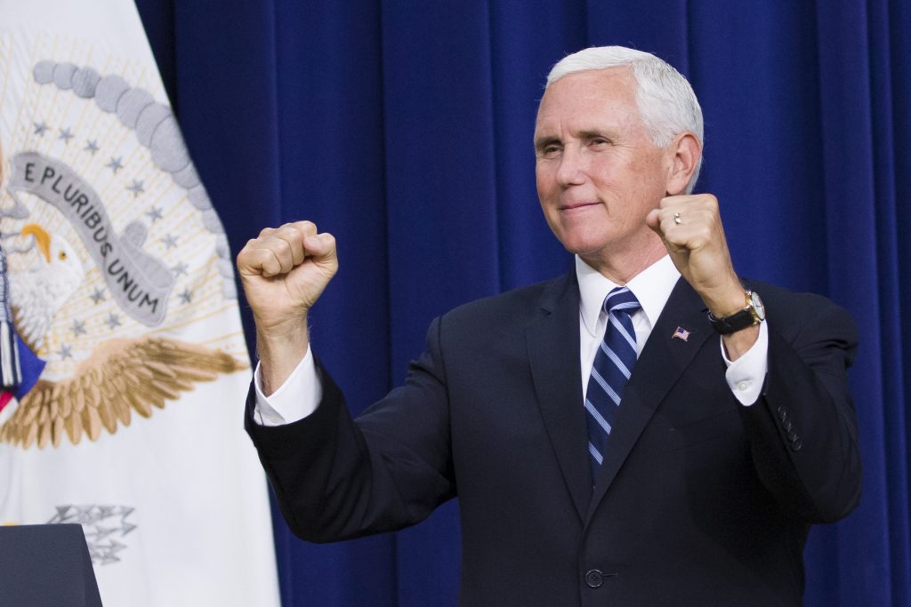 Mike Pence Vice President Mike Pence reacts during an immigration and naturalization ceremony in the Eisenhower Executive Office Building on the White House grounds, Tuesday, Sept. 17, 2019, in Washington. (AP Photo/Alex Brandon)