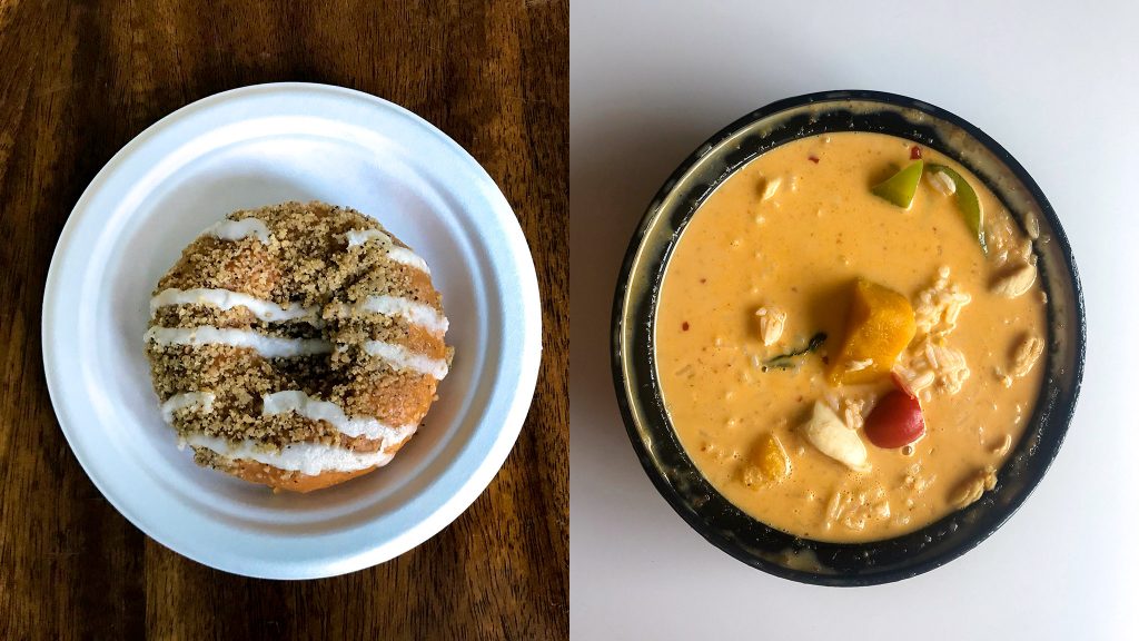 Pumpkin donut at Federal Donuts and pumpkin curry at Circles Thai are just two of the options for orange gourd treats this fall. (Layla Jones/Billy Penn)