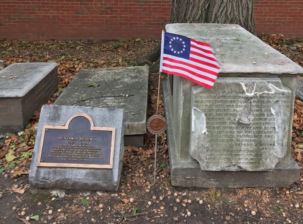 The grave site of Benjamin Rush, who is considered the father of American medicine, at Christ Church Burial Ground. (WHYY)