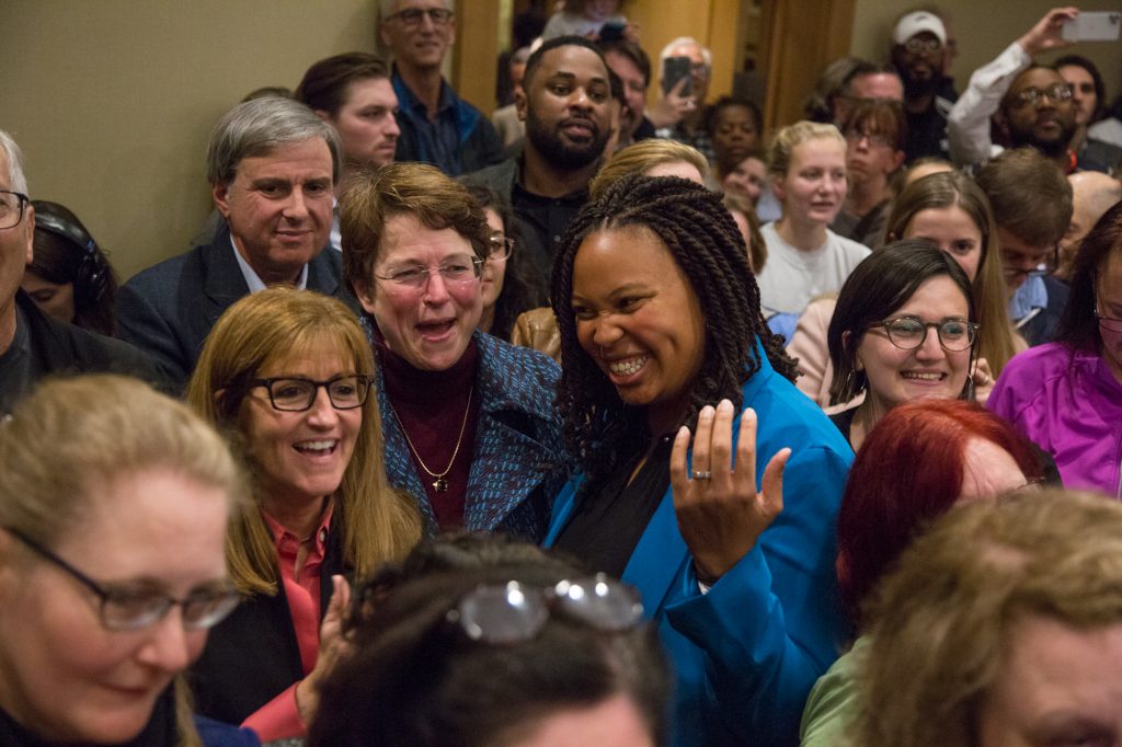 11 05 2019 – e cohen – democratic election results party- Elaine Paul Schaefer Monica Taylor Christine Reuther-1 Elaine Paul Schaefer (left center), Christine Reuther, and Monica Taylor celebrate their historic win for the three open seats on the Delaware County Council. (Emily Cohen for WHYY)