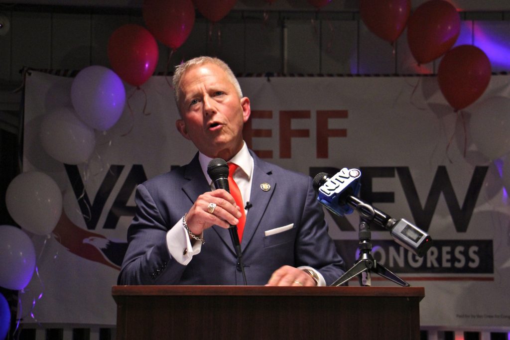 2018 06 05-e lee-jeff van drew-sea isle city lobster loft-2nd congressional district primary Jeff Van Drew wins the Democratic primary New Jersey's 2nd Congressional District on June 5, 2018. He was one of two Democrats who voted against the presidental impeachment inquiry. (Emma Lee/WHYY)