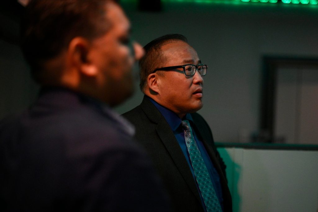 David Oh Watchparty in NorthEast Philadelphia Incumbent Councilman at-Large David Oh follows the results at Dimensions Sports Bar in Northeast Philadelphia. (Bastiaan Slabbers for WHYY)