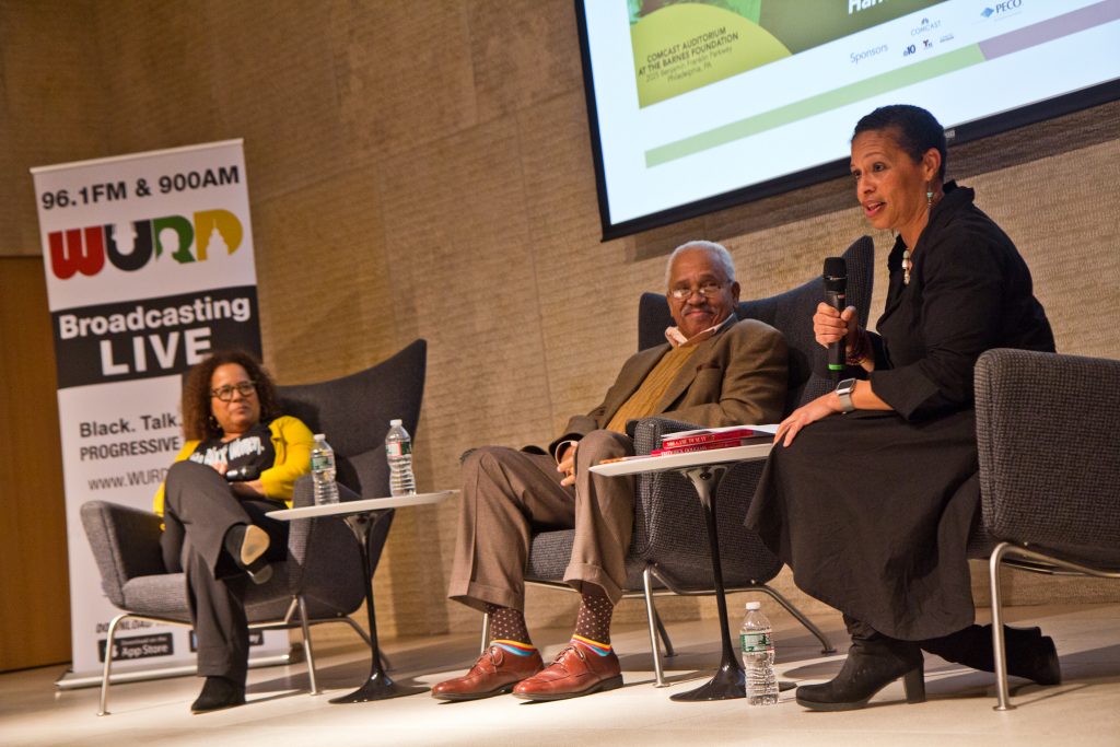2019 11 1 k paynter wurd panel douglass tubman-5 WURD Radio’s president and CEO Sara Lomax-Reese (right) hosts the Fredrick Douglass and Harriet Tubman - Struggle and Progress, with panelists C. James Trotman, founding director of the Frederick Douglass Institute, (center), and Erica Armstrong Dunbar, author of She Came to Slay: The Life and Times of Harriet Tubman (left). (Kimberly Paynter/WHYY)