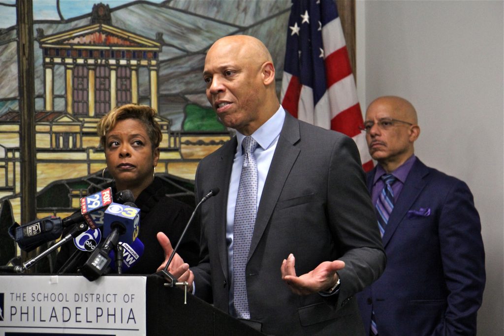 2019 11 18-e lee-william hite-philadelphia-school environmental safety plan School District of Philadelphia Superintendent William Hite announces the districts plan to improve environmental safety at its schools. He is joined by state Rep. Vincent Hughes (right), City Councilmember Cindy Bass (left), and other local officials. (Emma Lee/WHYY)