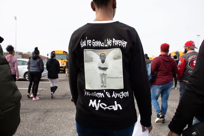 Khaliyah Haraksin, class president at Pleasantville High School, wears a t-shirt in honor of Micah Tennant who was killed in the shooting. (Becca Haydu for WHYY)