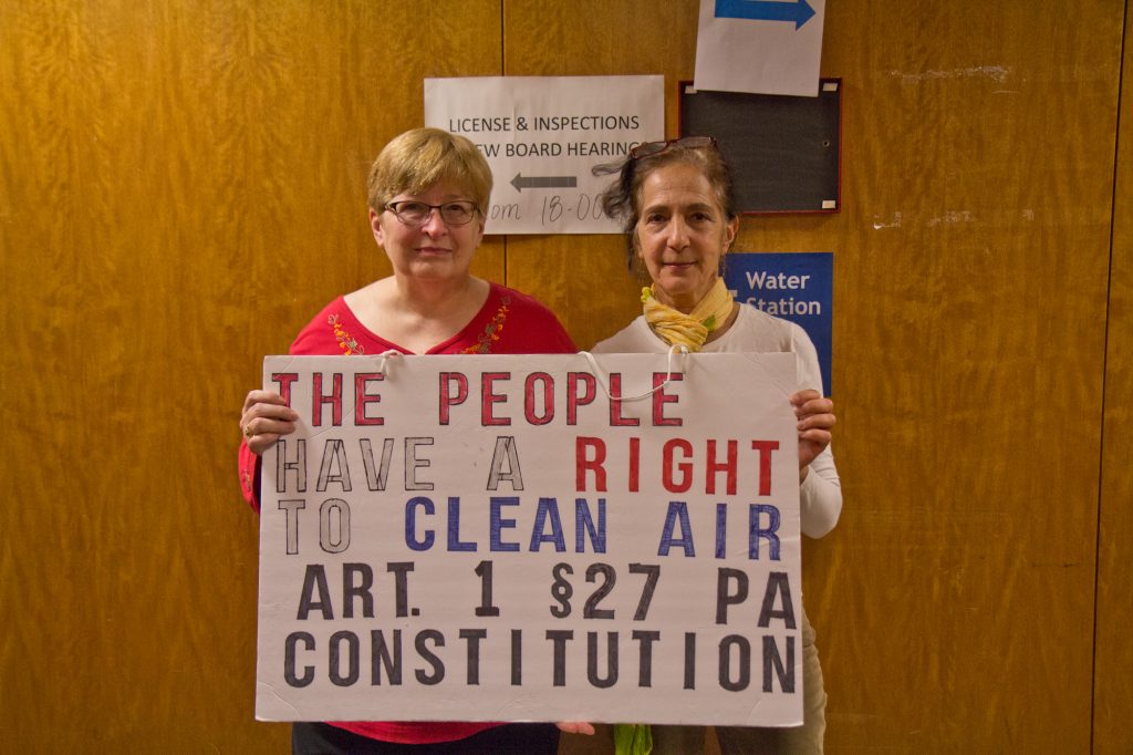 2019 11 26 k paynter l&1 hearing-2 Lisa Hastings (left) and Lynn Pearl Robinson (right) are part of Neighbors Against the Gas Plant, fighting to keep SEPTA’s natural gas burning plant out of Nicetown. (Kimberly Paynter/WHYY)