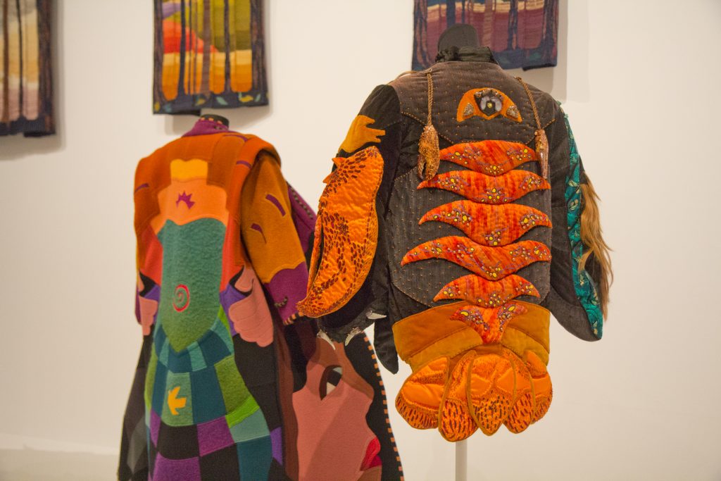 Crustaceans and Venomous Marine Life Converging on Hair Tide by Jamie Summers at the Off the Wall: American Art to Wear Exhibit. (Kimberly Paynter/WHYY)