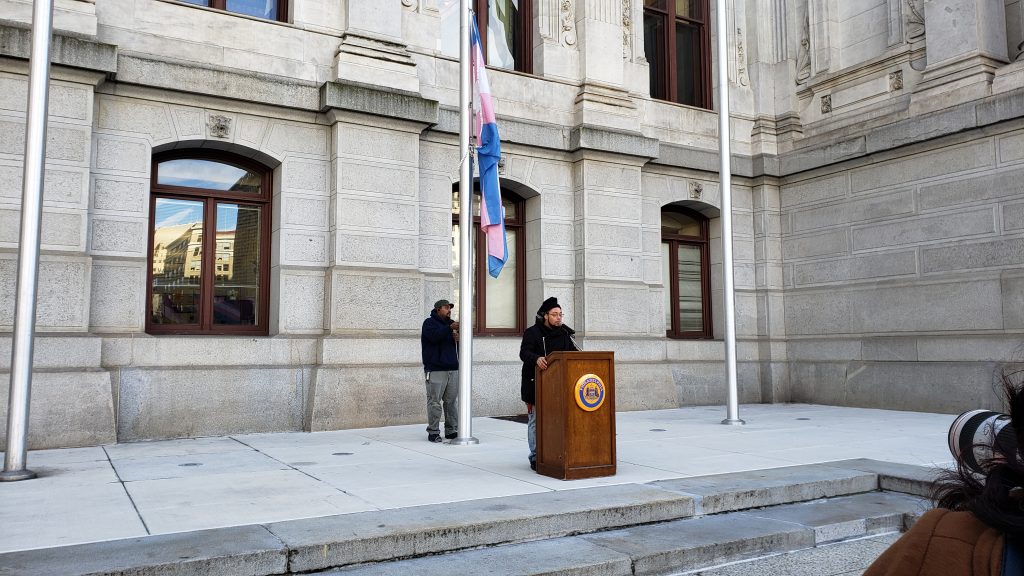 20191120_124417 Flag raising at Philadelphia City Hall marks Trans Day of Remembrance (Tom MacDonald/WHYY)