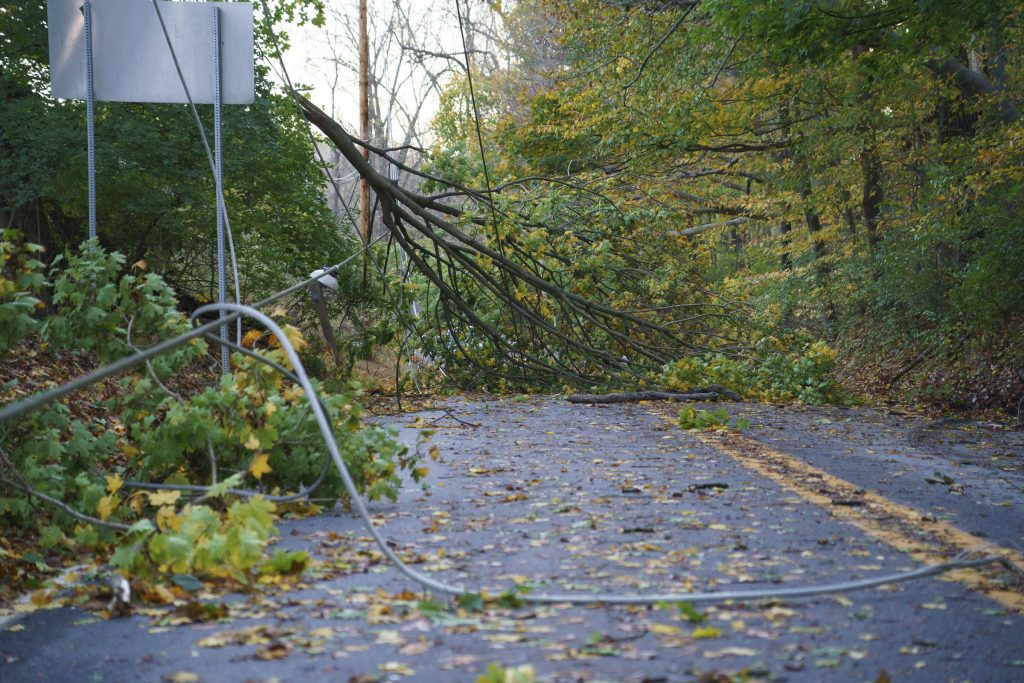 Severe Weather A fallen tree and down power lines block E Street Road near Middletown Road after Thursday's storm in Thornbury Township, Pa. Friday, Nov. 1, 2019. Homes have been destroyed in Pennsylvania and hundreds of thousands of utility customers were left without power after severe thunderstorms struck the Eastern Seaboard. At least 420,000 customers from South Carolina up to Maine and in Ohio were without power just before midnight Thursday.
(Jessica Griffin/The Philadelphia Inquirer via AP)