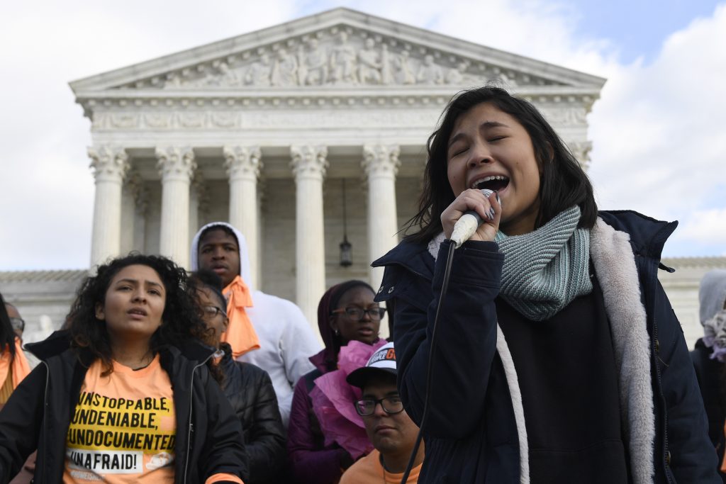 Michelle Lainez Michelle Lainez, 17, originally from El Salvador but now living in Gaithersburg, Md., speaks during a rally outside the Supreme Court in Washington. (Susan Walsh/AP Photo)