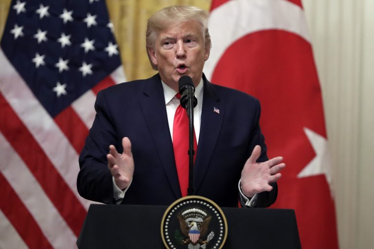 In this Nov. 13, 2019, photo, President Donald Trump speaks during a news conference with Turkish President Recep Tayyip Erdogan in the East Room of the White House in Washington. In a sharply divided country, a new poll finds some things Americans can agree on. There’s widespread consensus on the importance of factual information being transparent and based in data, and Democrats and Republicans alike frequently find the current information environment challenging. (AP Photo/ Evan Vucci)