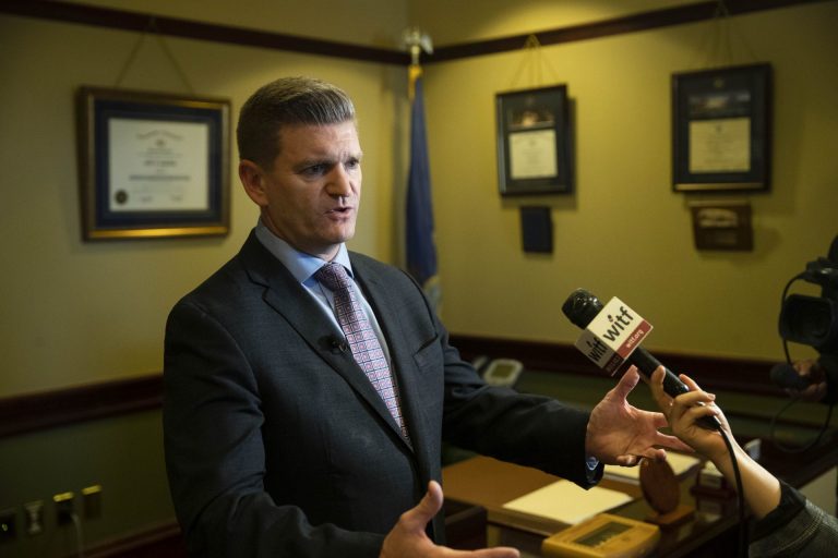 Sen. John Yudichak of Luzerne County speaks with members of the media at the Pennsylvania Capitol in Harrisburg, Pa., Tuesday, Nov. 19, 2019. Yudichak, who represents an area that shifted decisively to support Donald Trump in 2016’s presidential election is switching his registration to become an independent and will caucus with the Republican majority. (Matt Rourke/AP Photo)