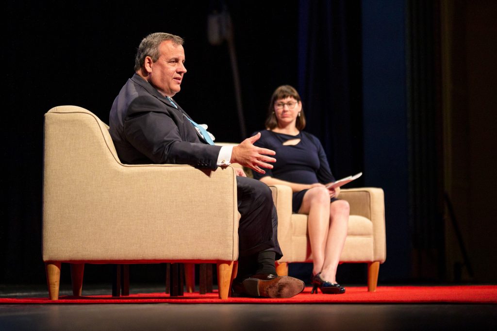 Chris-Christie_07 Former New Jersey Gov. Chris Christie addresses crowd during Q&A with University of Delaware professor Lindsay Hoffman. (Kevin Quinlan/University of Delaware)