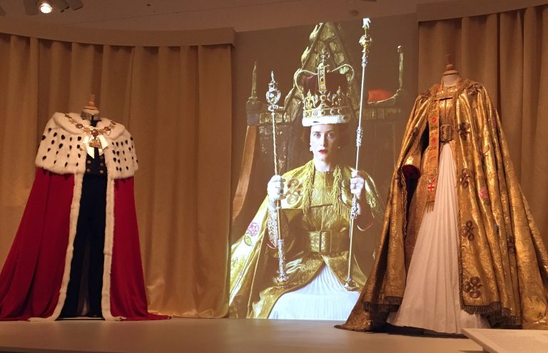 Costumes portraying Queen Elizabeth’s coronation garments are on display at Winterthur Museum in Delaware. (Mark Eichmann/WHYY)