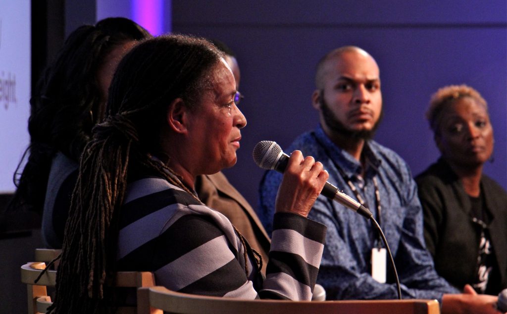 2019 11 08-e lee-renee mcdonald-philadelphia whyy-better gun vio Renée McDonald of Mothers In Charge talks about the shooting deaths of her nephews during a discussion with journalists on how to improve gun violence reporting. (Emma Lee/WHYY)