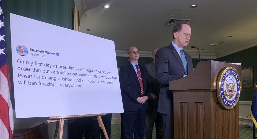 IMG_1192-e1573246393785-1920×873 Sen. Pat Toomey speaks in Harrisburg on Nov. 8, 2019. He sponsored a bill aimed at barring future presidents from banning fracking. (Katie Meyer/WITF)