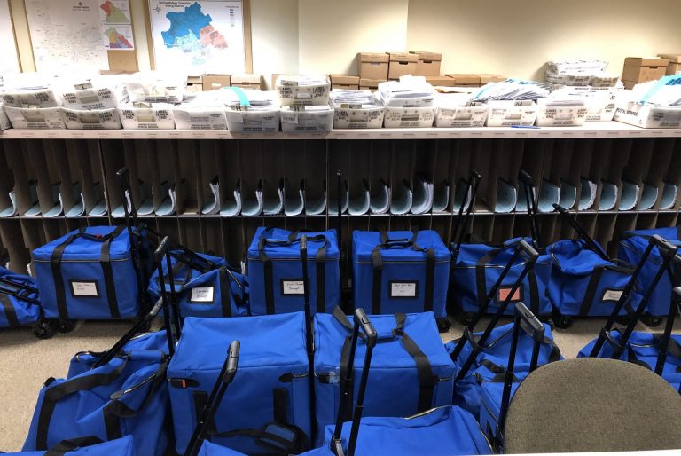 Bags for ballots sit in the York County elections office on Nov. 6, 2019. (Ed Mahon/PA Post)