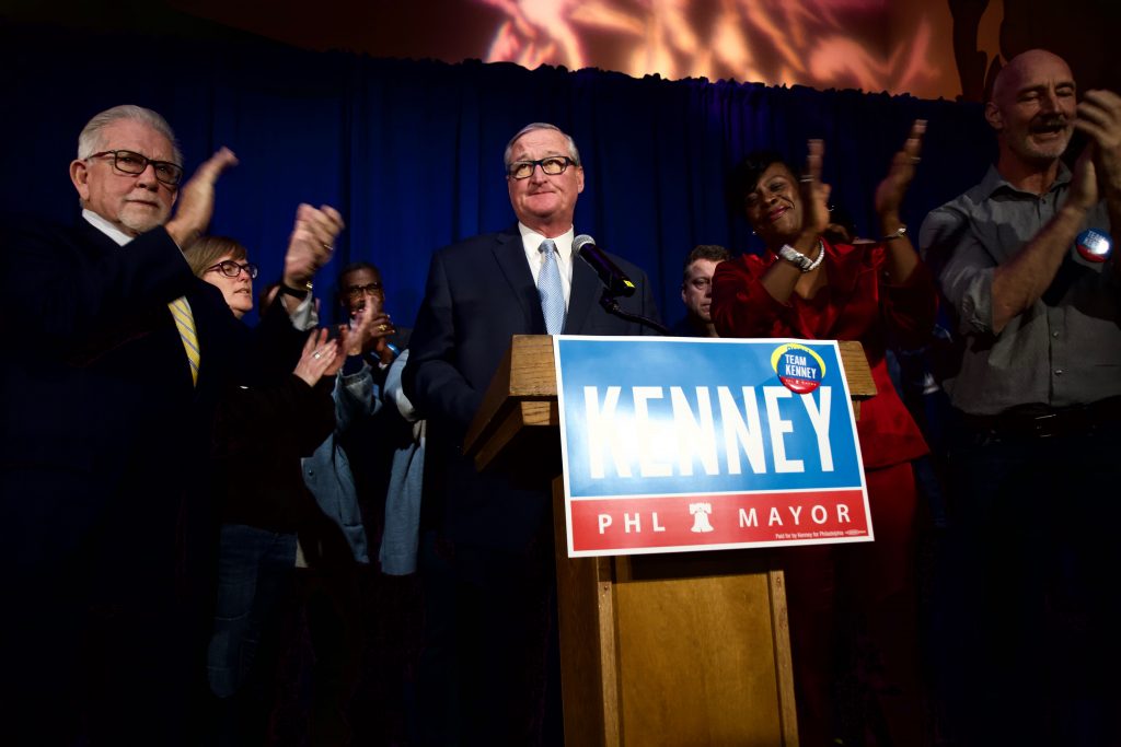 Image from iOS (3) Philadelphia Mayor Jim Kenney was elected to another term Tuesday. He joined supporters at IATSE Local 8 in South Philadelphia. (Kimberly Paynter/WHYY)