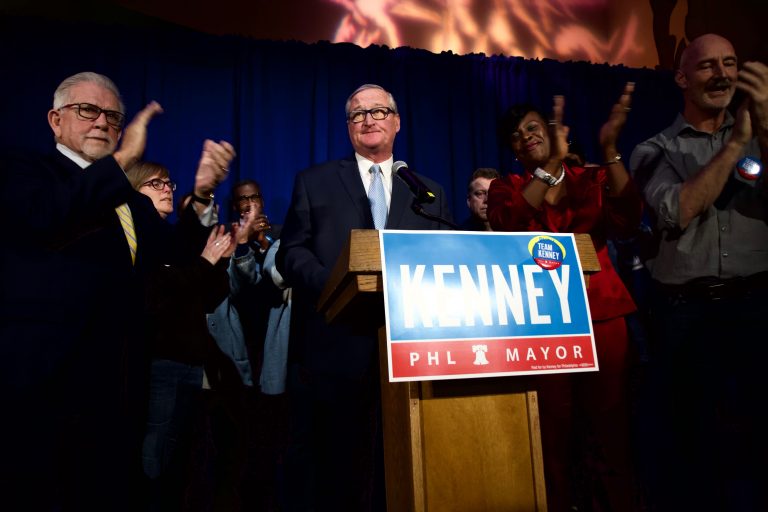 Philadelphia Mayor Jim Kenney was elected to another term Tuesday. He joined supporters at IATSE Local 8 in South Philadelphia. (Kimberly Paynter/WHYY)