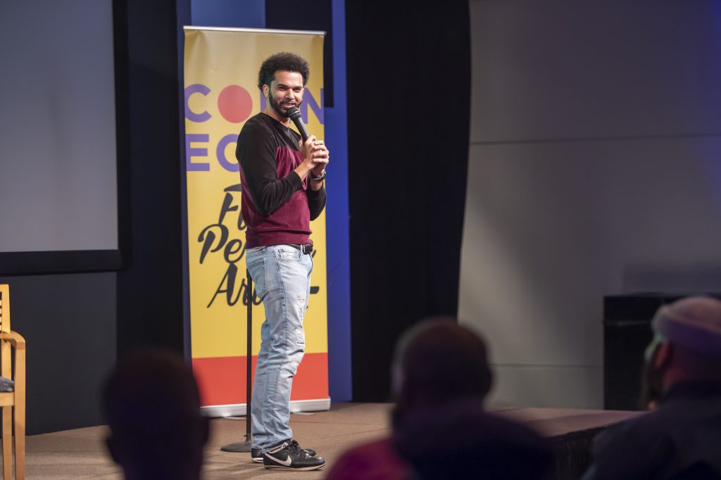 Incarceration-1 Comedian Che Guerrero opened the event. (Jonathan Wilson for WHYY)