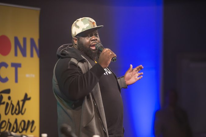 Comedian Chris Cotton entertains the the audience. (Jonathan Wilson for WHYY)