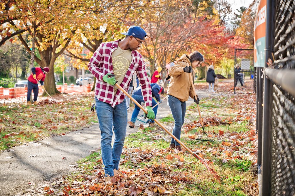 Love your park cobbs creek 18-222 Volunteers raking leaves at Cobbs Creek Park during 2018's Love Your Park Fall Service Day. (Courtesy of Steve Belkowitz)