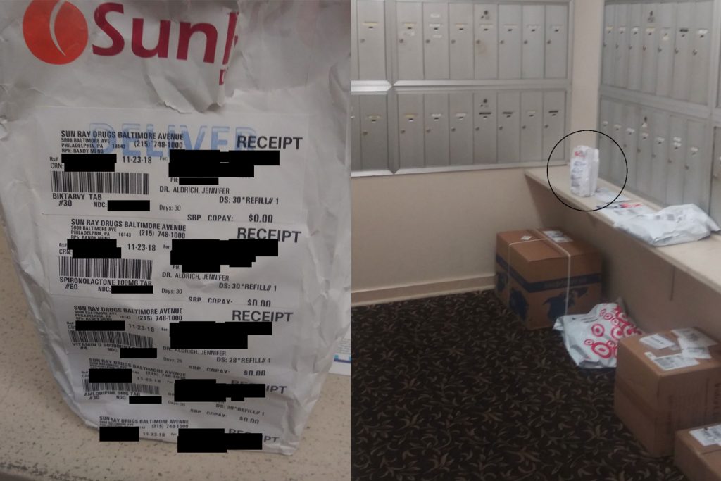 Screen-Shot-2019-11-25-at-4.44.26-PM Jane Doe's prescription drugs, clearly labeled, were left in her Delaware County apartment building’s common mailroom. (Photos courtesy of Jane Doe)