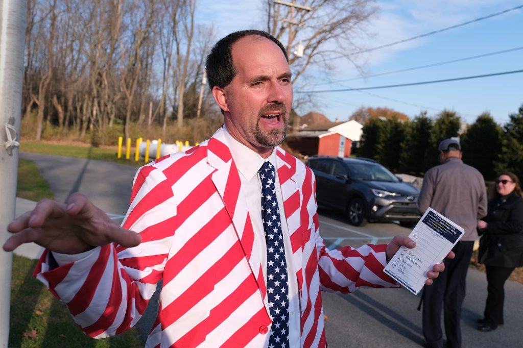 Tamaqua School Board Election Day 05 Tamaqua School Board candidate Tom Bartasavage, a supporter of the gun policy, won election Tuesday. Here pictured standing outside a polling location at the Hometown Armory on Nov. 5, 2019. (Matt Smith for Keystone Crossroads)