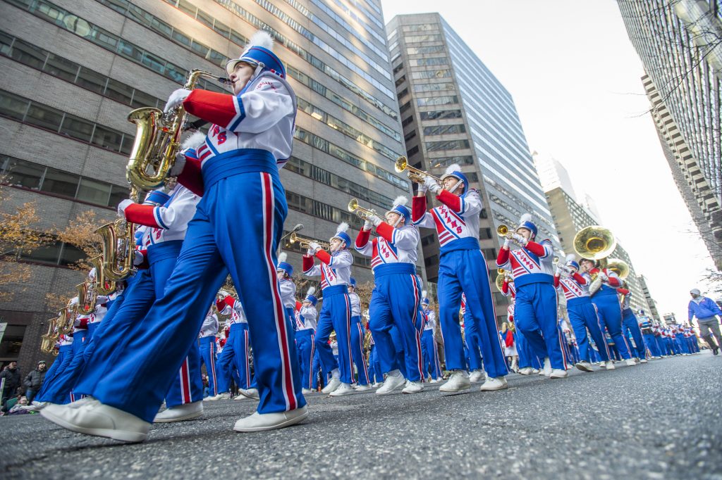 THANKSGIVING PARADE 2019 This 2019 photo shows The Morgantown West Virginia High School Marching Band marches along John F Kennedy Blvd during the 100th Philadelphia Thanksgiving Day Parade. (Jonathan Wilson for WHYY)