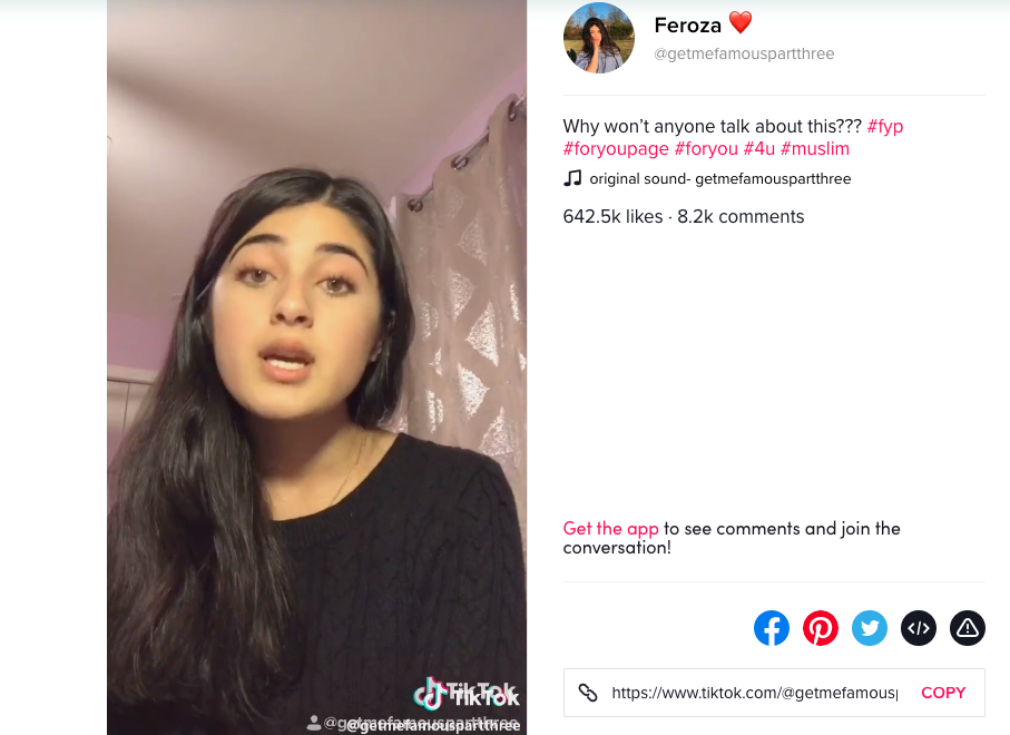 TikTokNJteen TikTok has unblocked the video of 17-year-old Feroza Aziz of New Jersey criticizing China's treatment of minority Muslims (https://www.tiktok.com/@getmefamouspartthree/video/6762657542972689670)