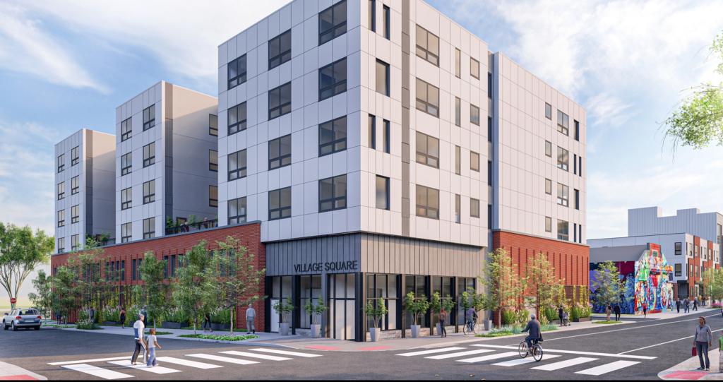 VIEW FROM 37 AND HAVERFORD An artist's rendering of the Village Square on Haverford development, as seen from the intersection of 37th Street and Haverford Avenue. (WRT/Lomax Real Estate)