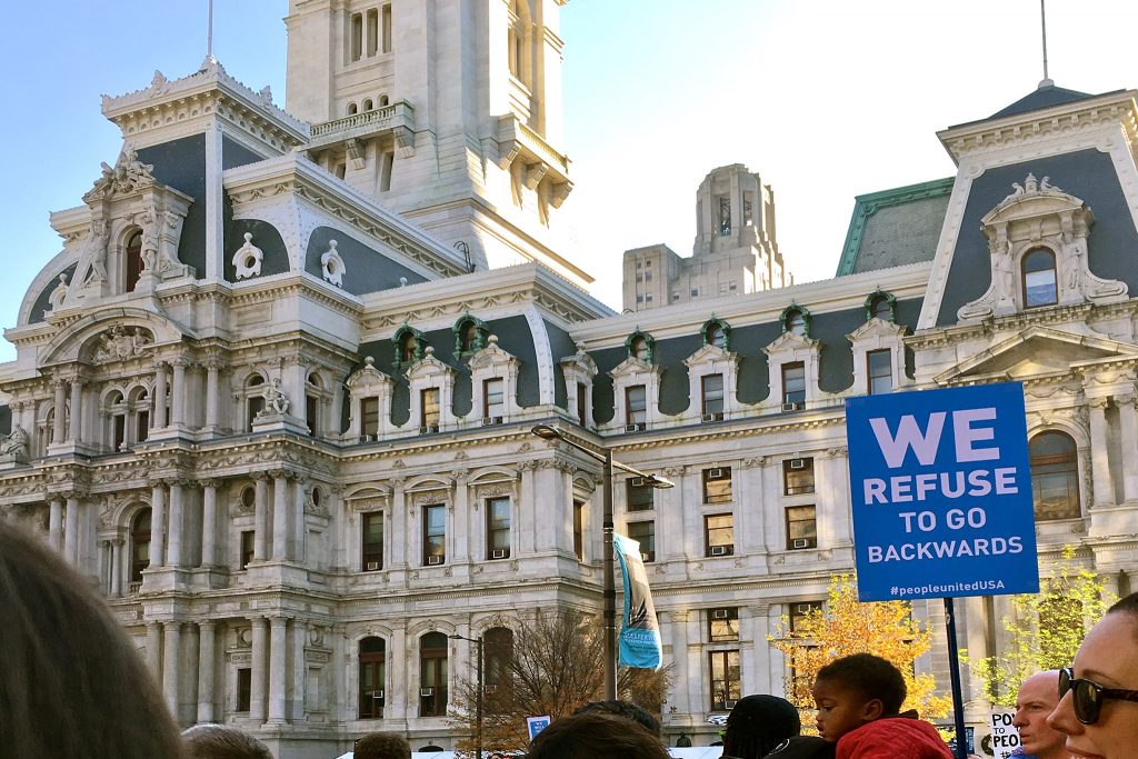 cityhall-protest-backwards-1 Philadelphians march for civil rights outside City Hall in 2016. (Alexa Smith/Billy Penn)