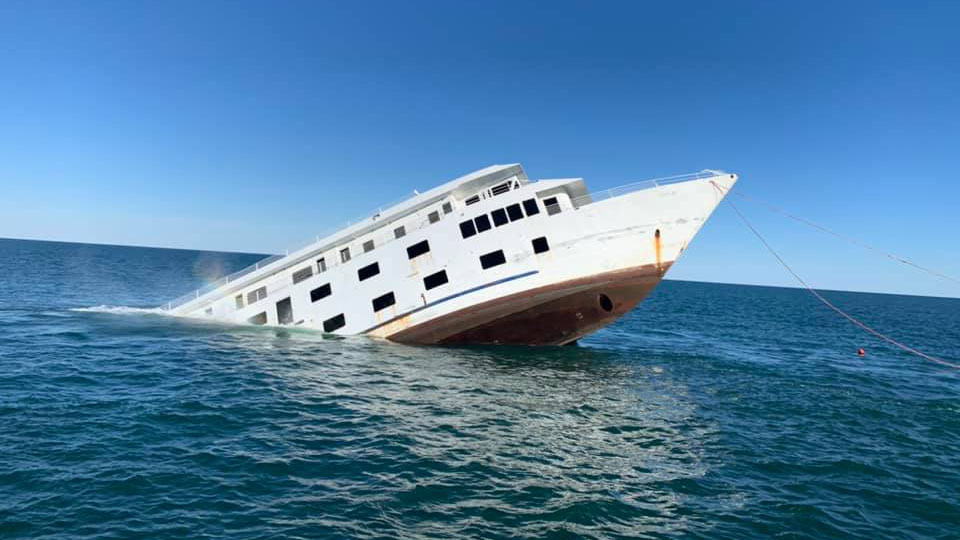 cruise shipxcrop The 215-foot-long cruise ship American Glory slips below the surface of the Atlantic Ocean off the Delaware coast on Monday. The ship will join hundreds of subway cars and other items to become part of the Redbird Inshore Artificial Reef. (Courtesy Chris Ragni)