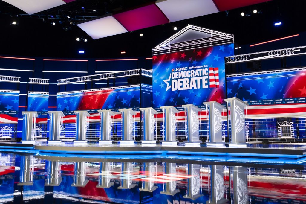 Democratic Debate In this Tuesday, Nov. 19, 2019 photo, the stage for the Democratic presidential primary debate is shown before Wednesday's debate in Atlanta. (AP Photo/John Amis)