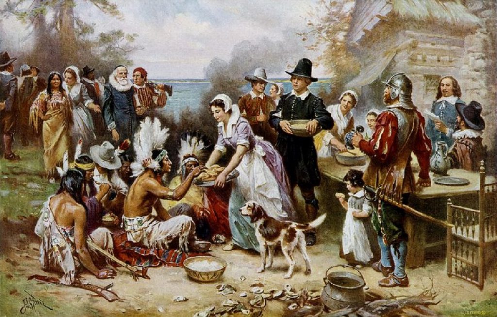 final thanks (The First Thanksgiving by J.L.G. Ferris. circa 1912/Wikimedia Commons)