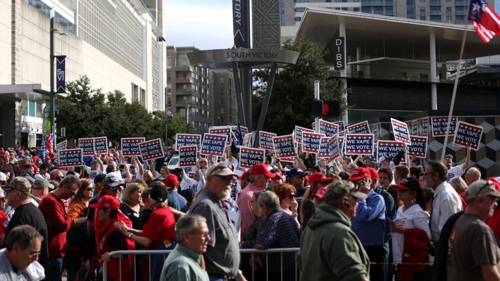 Attendees hold ‘We Vape, We Vote’ signs ahead of a Trump rally last month in Dallas, Texas. The politics surrounding vaping and industry pushback against regulation appear to have derailed Trump administration’s plan to ban the sales of many vaping products. Attendees hold 'We Vape, We Vote' signs ahead of a Trump rally last month in Dallas, Texas. The politics surrounding vaping and industry pushback against regulation appear to have derailed Trump administration's plan to ban the sales of many vaping products.