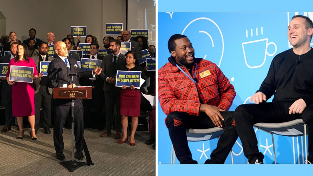 (Left) Pa. Sen. Vincent Hughes surrounded by other Pa. officials; (Right) Meek Mill and Michael Rubin (Layla A. Jones for Billy Penn and Screenshoot/Breakfast Club)