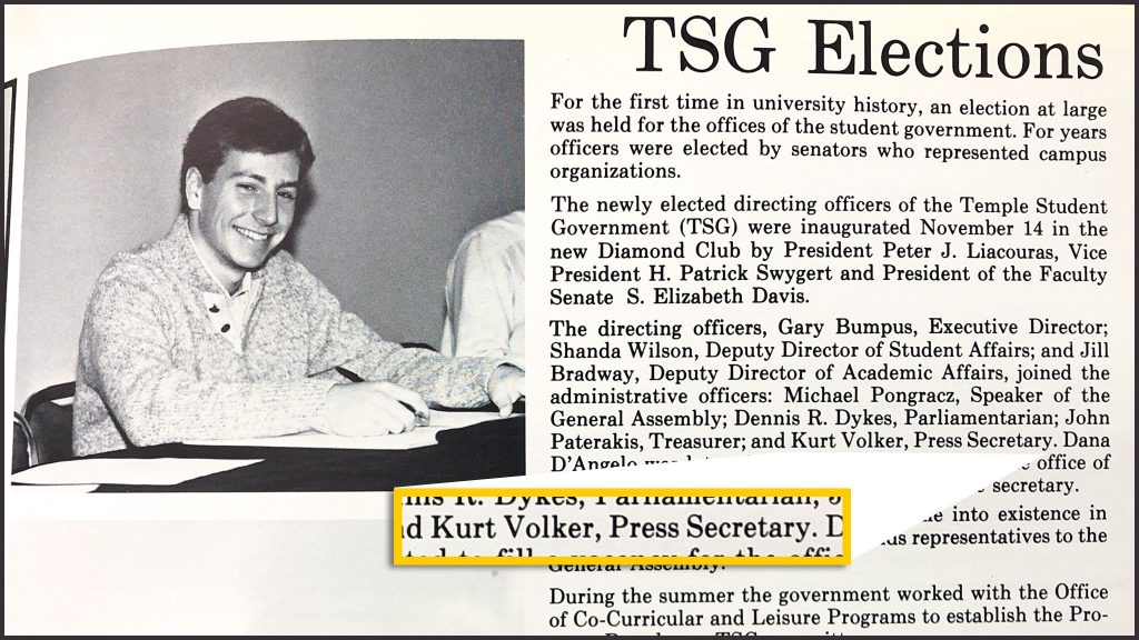 volkertemple-01crop3 Long before he testified for the impeachment proceedings, former U.S. ambassador Kurt Volker went to Temple. 1984 TEMPLAR YEARBOOK