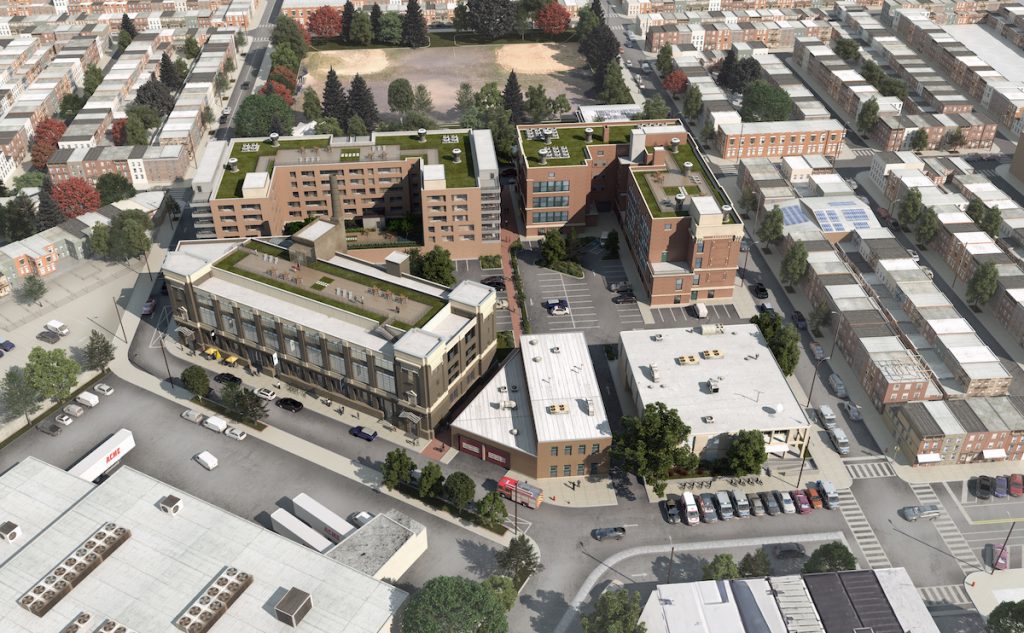 Alterra's rendering shows a birds-eye view of the mixed-use development planned for land now occupied by city buildings. (Courtesy Alterra Property Group)