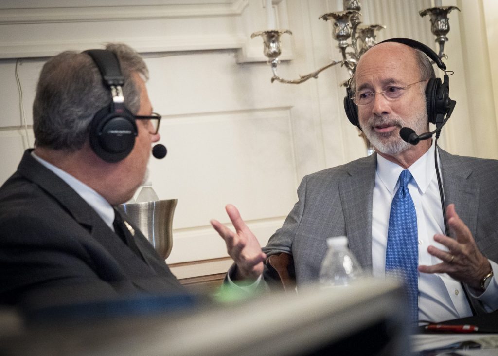 1400474_Edited-1920×1371 Pennsylvania Gov. Tom Wolf, right, speaks with Scott LaMar, host of WITF's Smart Talk, during a live broadcast at the Governor's Residence in Harrisburg on Dec. 11, 2019. (Joanne Cassaro/WITF)