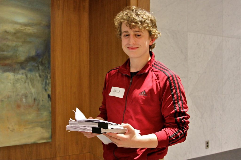 2019 12 03-x conde-delegate hopefuls Jack DiPrimio, 17, from upper Darby, holds a draft of the PA democrat delegate selection plan. He hopes to become an Elizabeth Warren delegate. (Ximena Conde/WHYY)