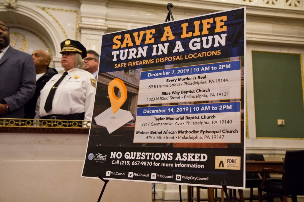 2019 12 05 k paynter gunr eturns-2 Philadelphia officials and activists are asking parents to do a room check in their homes and turn in any guns they find. (Kimberly Paynter/WHYY)