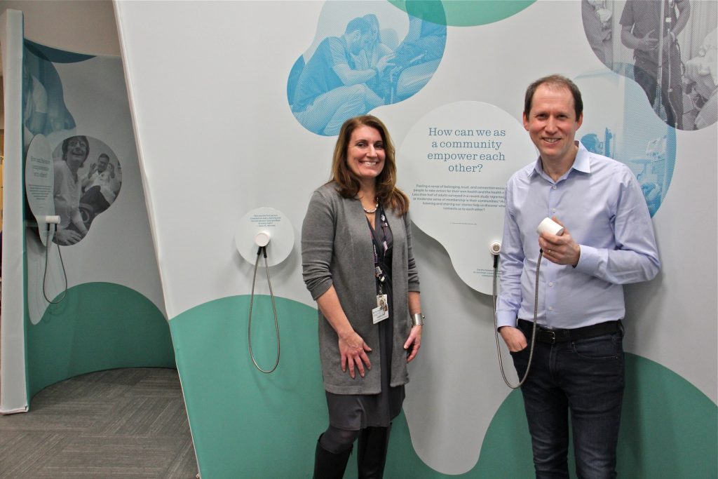 2019 12 08-e lee-stephanie kindt aaron levy-philadelphia penn medicine rittenhouse-listening lab Stephanie Kindt (left) and Aaron Levy are the curators of Listening Lab, a year-long traveling exhibit that tells the stories of doctors and patients and explores the ways in which listening can improve care. (Emma Lee/WHYY)